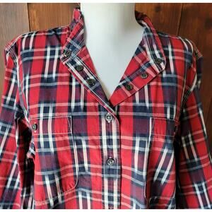 Lauren Jeans Co. Women XL Plaid Shirt Red Navy White 100% Cotton Roll Tab Sleeve